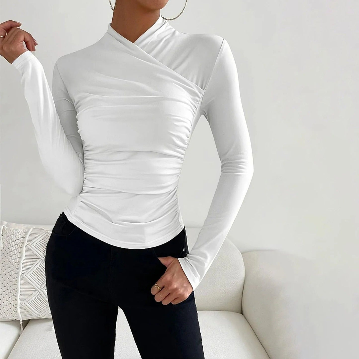Women's Wrap Top - Long Sleeve Fitted Design - Elegant Draped Front