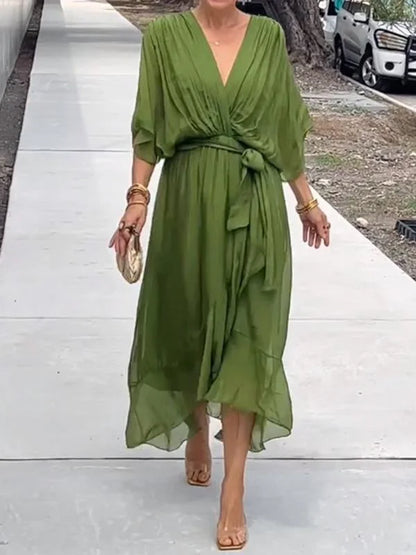 Women's Maxi Dress - Flowing Relaxed Fit - Kimono Sleeves - Adjustable Waist Tie
