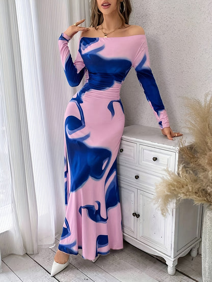 Off-shoulder abstract print ruched maxi dress for women
