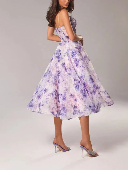 Women’s Midi Dress – A-Line Fit – Floral Chiffon – Spaghetti Straps – Cinched Waist