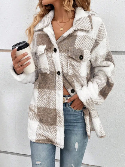 Women's plaid lapel long plush jacket coat