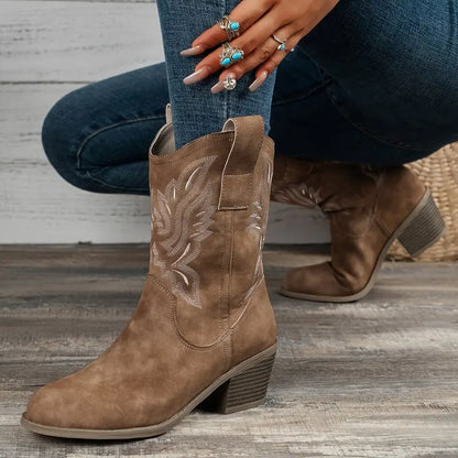 Women's retro cowboy embroidered sleeve knight boots