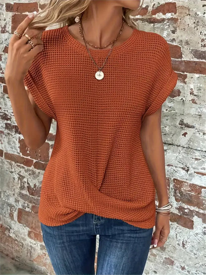 Women's Casual Top - Waffle Knit - Short Sleeve Rolled Cuff - Round Neck Relaxed Fit