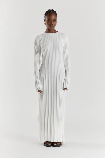 Women's Knit Dress - Ribbed Stretch Fabric - Long Sleeve - Elegant Full-Length Fit