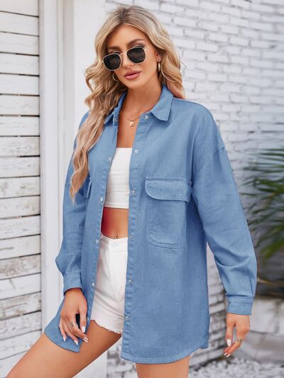 Greta - pocketed snap down dropped shoulder denim shacket