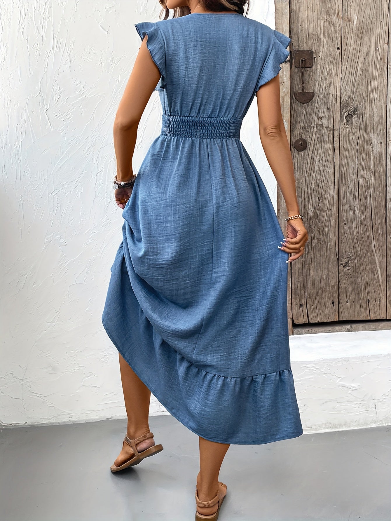 Women's Midi Dress - V-Neck Wrap Style - Flutter Sleeves - Smocked Waist - Ruffle Hem