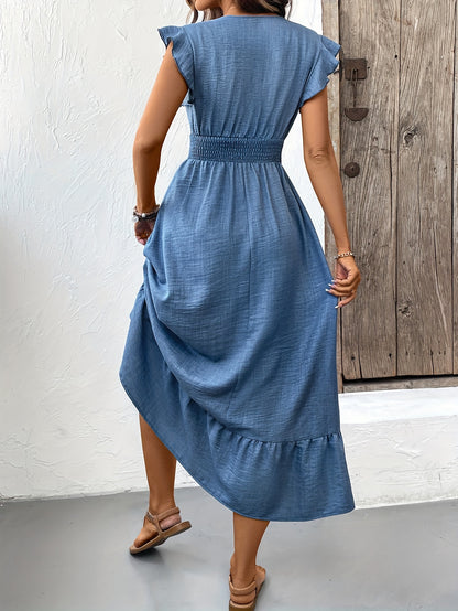 Women's Midi Dress - V-Neck Wrap Style - Flutter Sleeves - Smocked Waist - Ruffle Hem