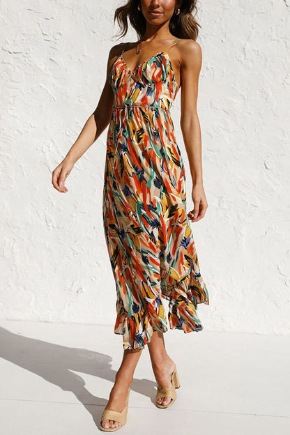 Women's Maxi Dress - Abstract Print - Plunging V-Neck - Spaghetti Straps - Flowing Fit