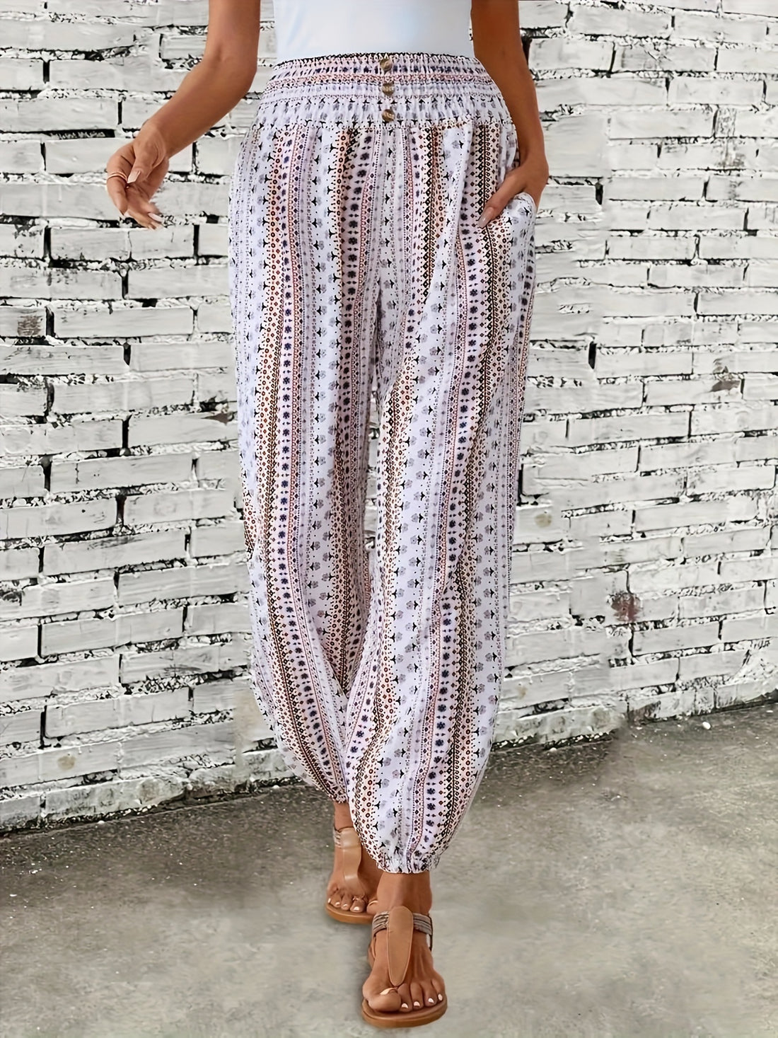 Bohemian high-waist printed casual pants with elastic hem for women