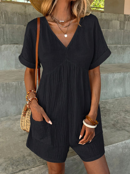Women’s Romper - V-Neck Short Sleeve - Loose Fit with Front Pockets - Textured Fabric