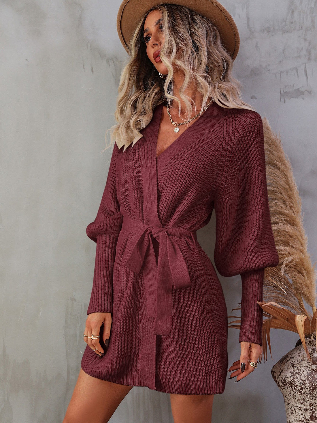 Linett - belted surplice lantern sleeve wrap sweater dress