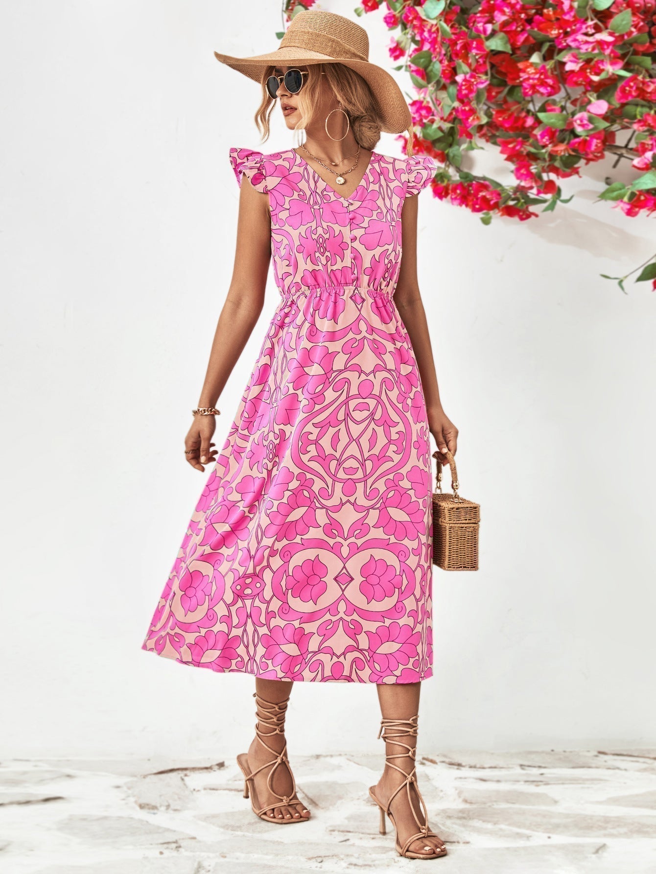 Women's Midi Dress - V-Neck - Short Ruffled Sleeves - Fitted Waist - Floral Print