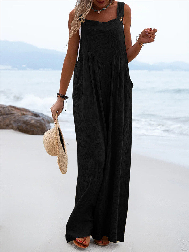 Women's Wide-Leg Jumpsuit - Breathable Fabric - Relaxed Fit - Button Straps & Pockets