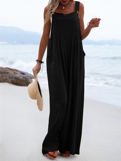 Women's Wide-Leg Jumpsuit - Breathable Fabric - Relaxed Fit - Button Straps & Pockets