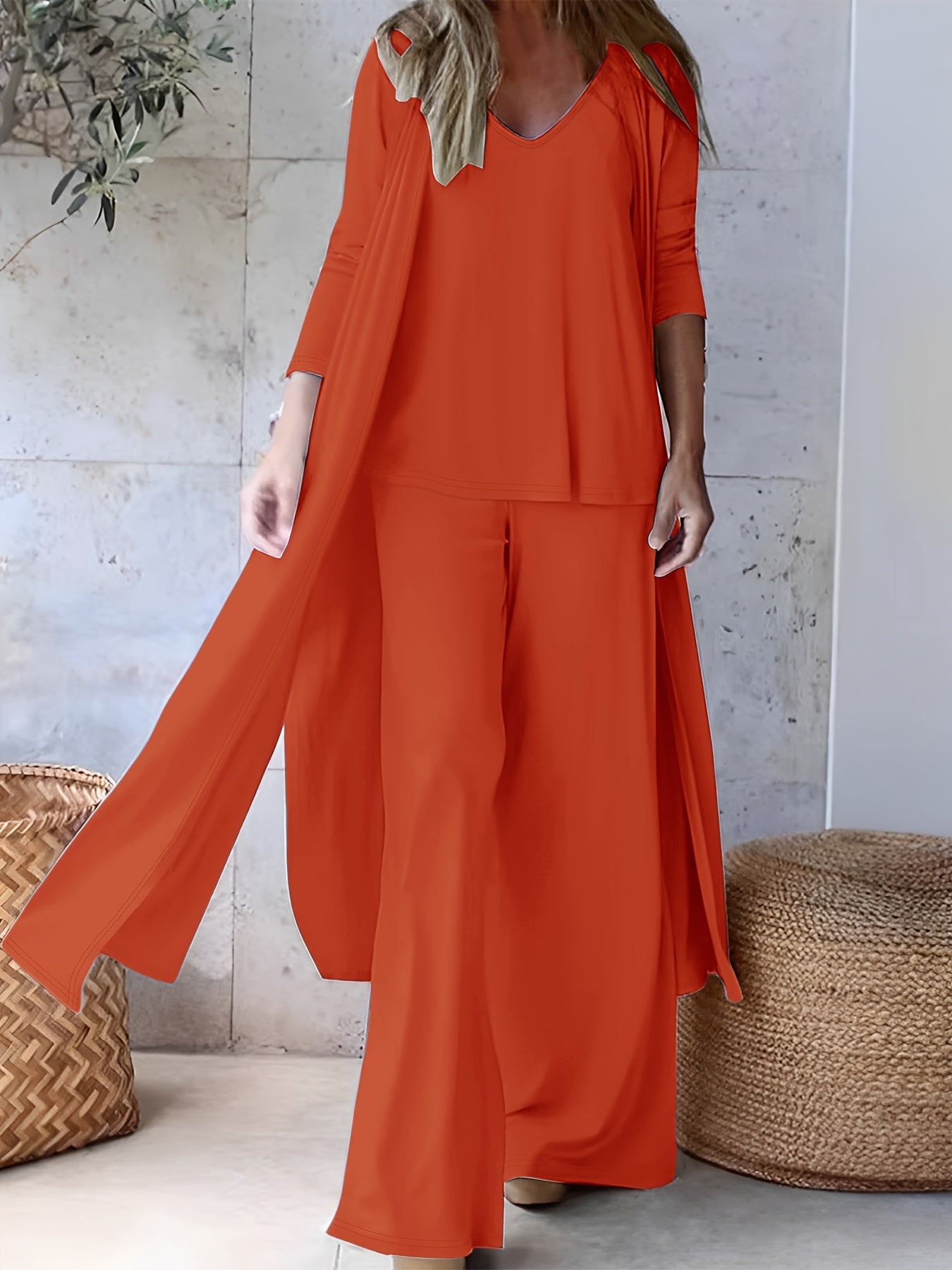 Three-piece v-neck suspenders straight trousers cardigan suit for women