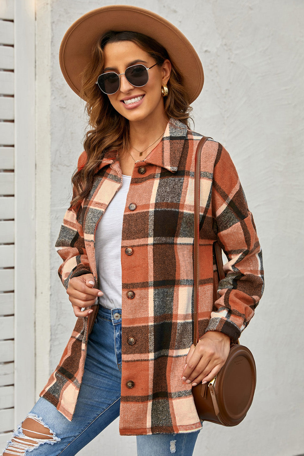 Plaid long-sleeved cardigan coat with lapel collar for women