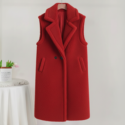 Women’s Teddy Coat – Sleeveless – Oversized Fit – Plush Sherpa Texture – Lapel Collar