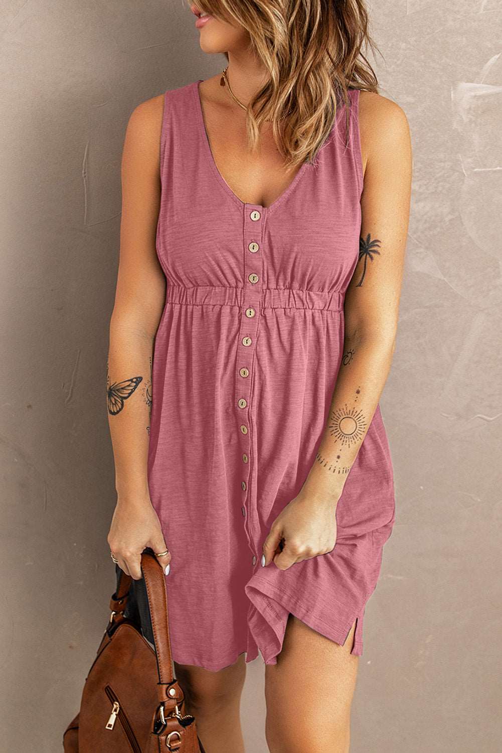 Women's Sleeveless Button-Up Mini Dress - V-Neck - Elastic Waist - Casual Fit