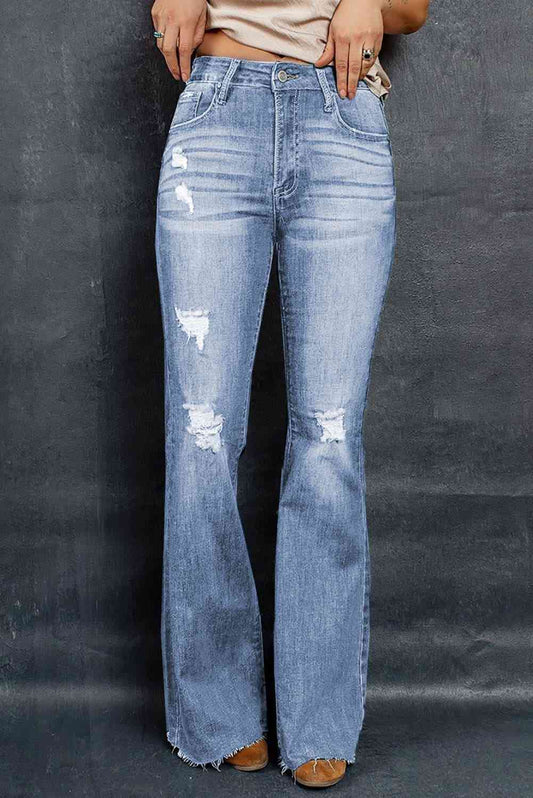 Distressed High-Waisted Flared Jeans