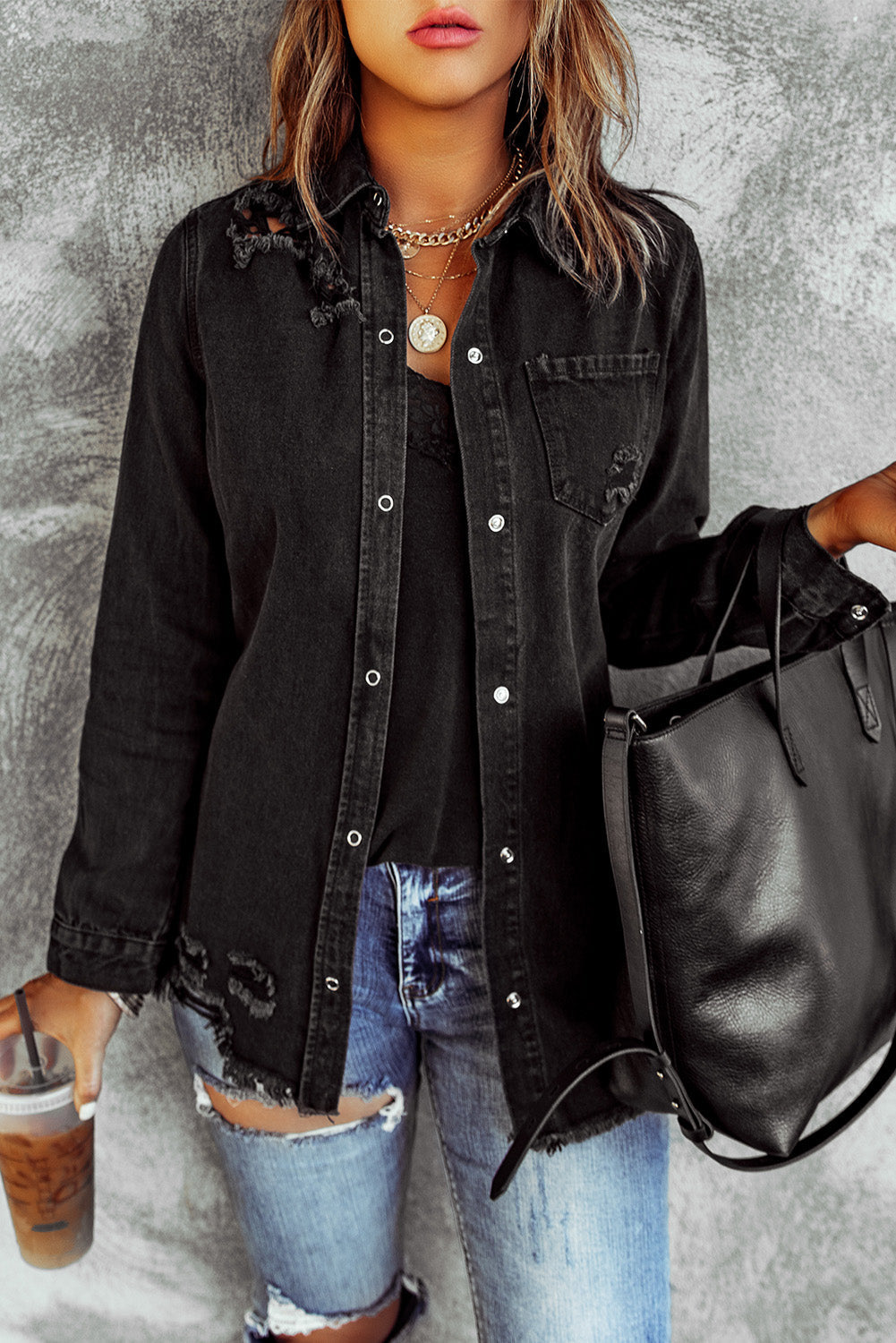 Ripped long sleeve denim jacket for women