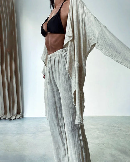 Women's Lounge Set - Lightweight Linen Blend - Open-Front Cardigan & Wide-Leg Pants