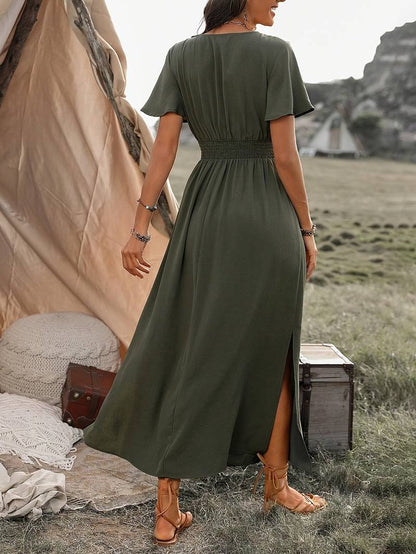 V-neck short sleeve smocked waist maxi dress for women