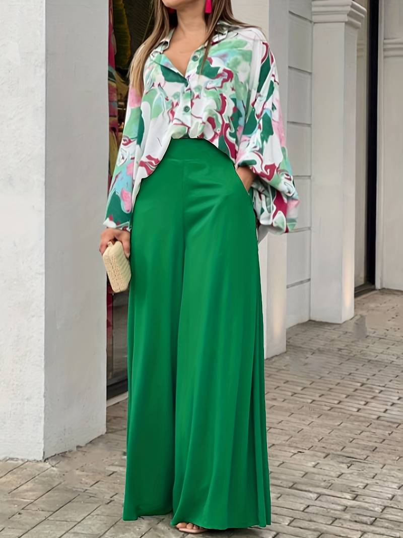 Stylish printed blouse and wide-leg trousers two-piece set