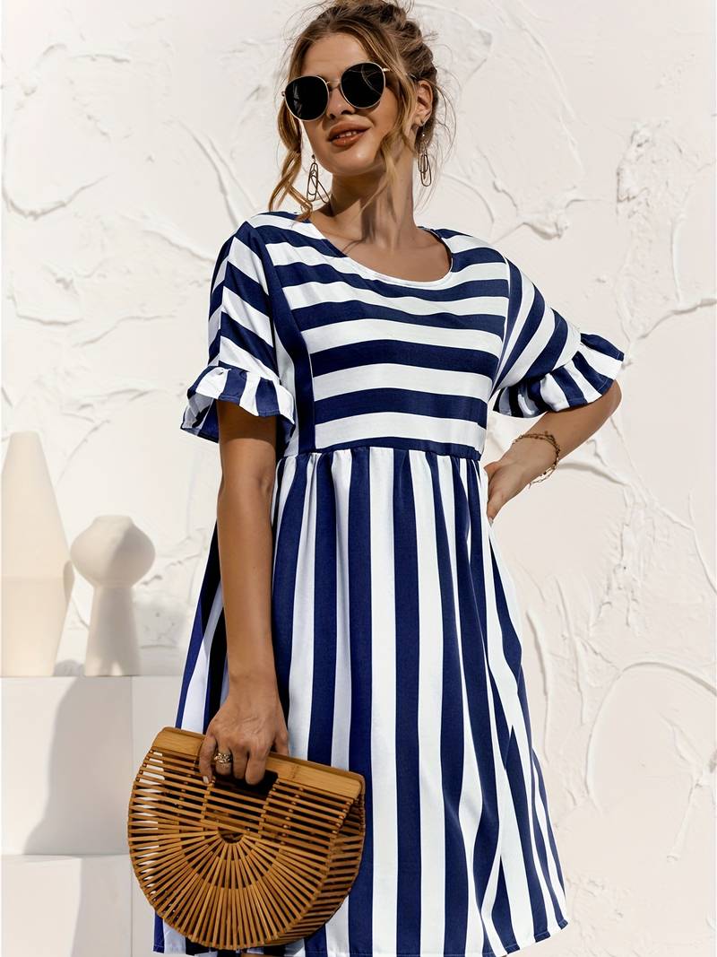 Women's Dress - Striped A-Line - Short Flared Sleeves - Knee-Length Casual Fit