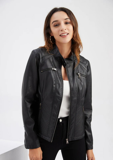 Women's casual faux leather stand-up collar jacket