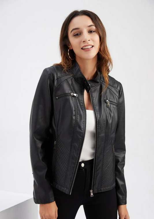 Faux Leather Stand-Up Collar Casual Jacket