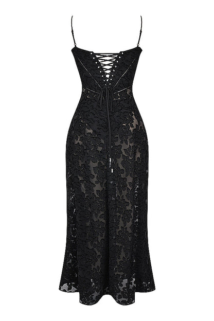 Women's Evening Gown - Floral Sheer Overlay - Spaghetti Straps - Sweetheart Neckline