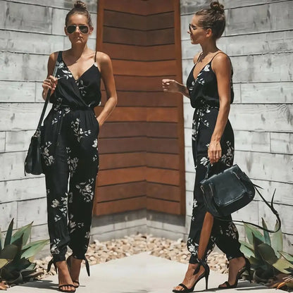 Women's Jumpsuit - V-Neck Wrap Front - Spaghetti Straps - Cinched Waist - Tied Ankles