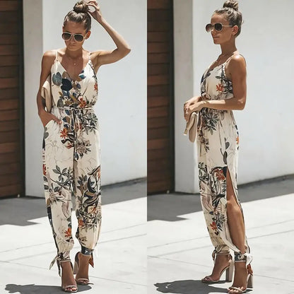 Women's Jumpsuit - V-Neck Wrap Front - Spaghetti Straps - Cinched Waist - Tied Ankles