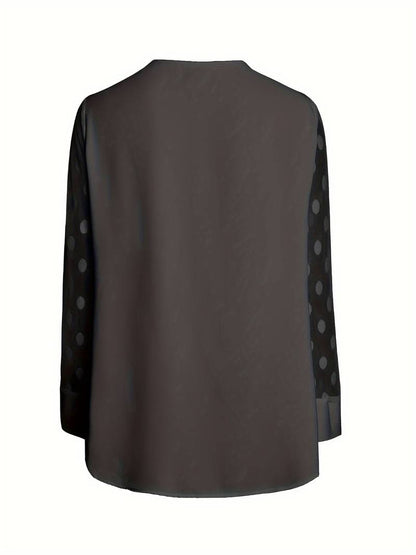 Women's Blouse - Sheer Polka Dot Sleeves - Round Neck - Relaxed Fit Stylish Wear