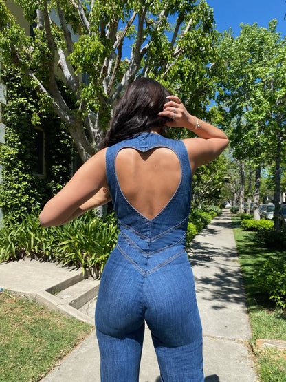 Women's Denim Jumpsuit - Sleeveless V-Neck - Fitted Waist - Flared Leg Retro Style