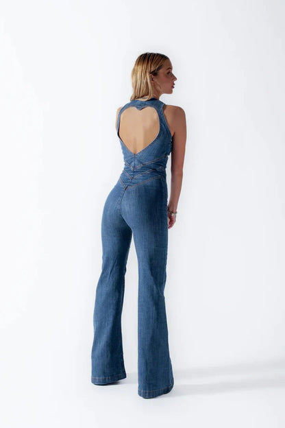 Women's Denim Jumpsuit - Sleeveless V-Neck - Fitted Waist - Flared Leg Retro Style