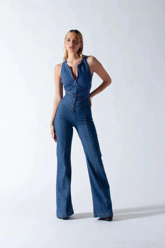 Fitted Waist Flared Leg Denim Jumpsuit