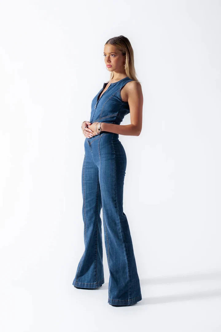Women's Denim Jumpsuit - Sleeveless V-Neck - Fitted Waist - Flared Leg Retro Style
