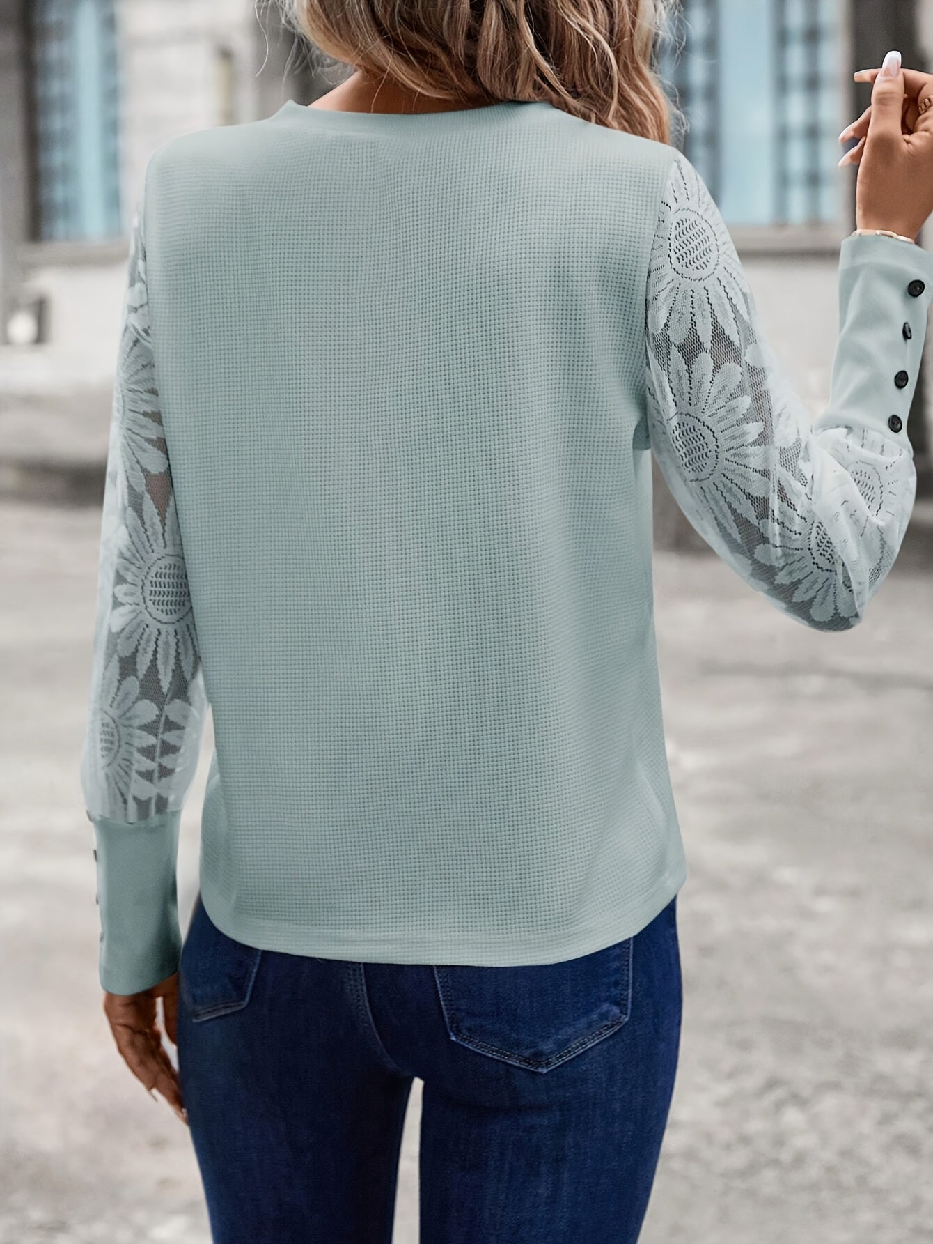 Floral sleeve round neck button cuff casual top for women