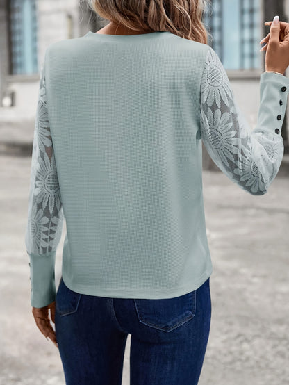 Floral sleeve round neck button cuff casual top for women