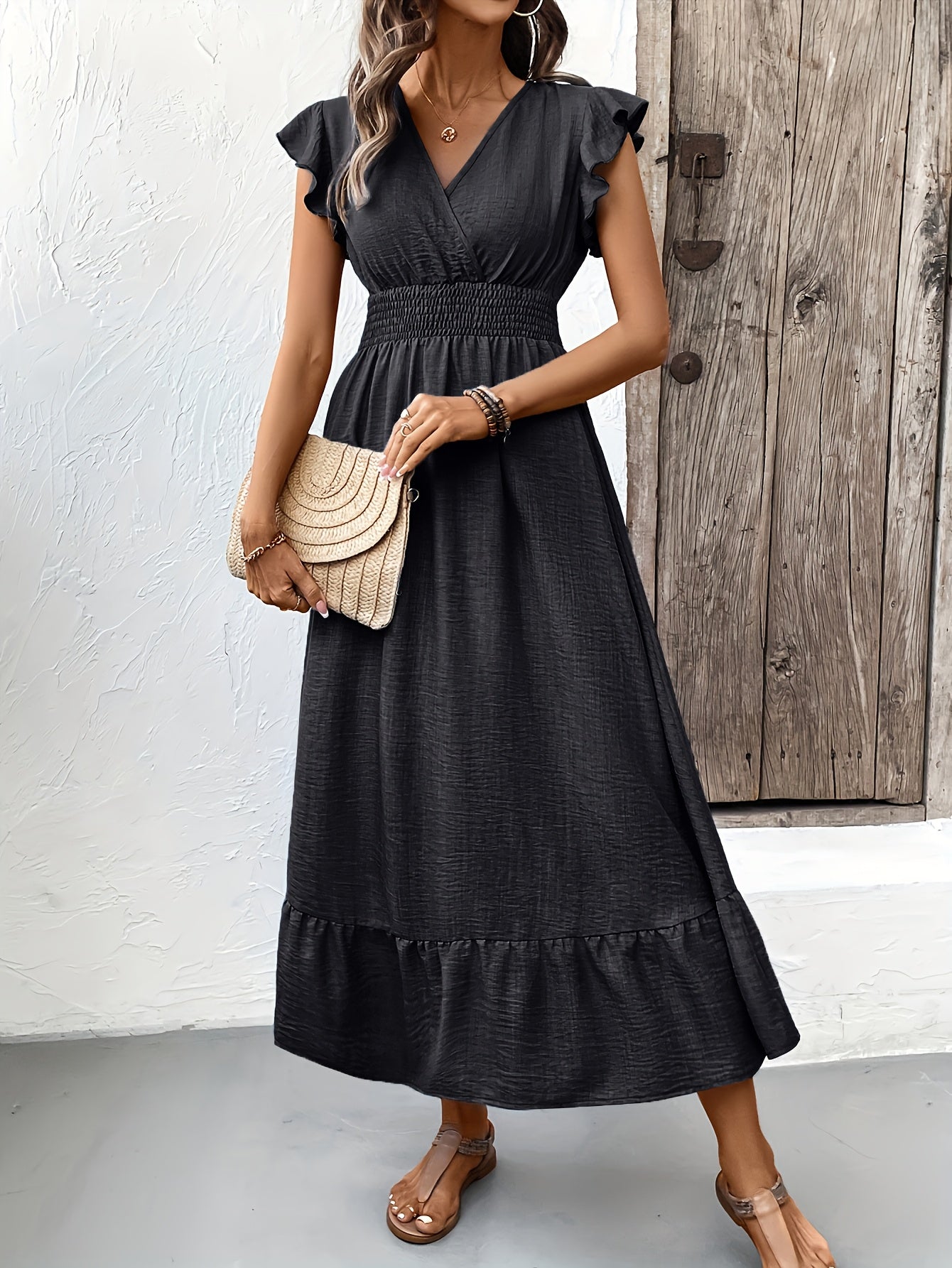 Smocked Waist Flutter Sleeve Midi Dress