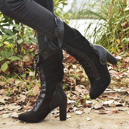 Women's faux leather lace-up block heel boots
