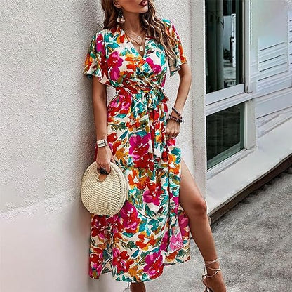 Women's Tropical Print Belted Dress – High Waist, Flowing Fit