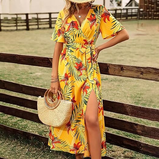 Women's Tropical Print Belted Dress – High Waist, Flowing Fit