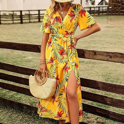 Women's Tropical Print Belted Dress – High Waist, Flowing Fit