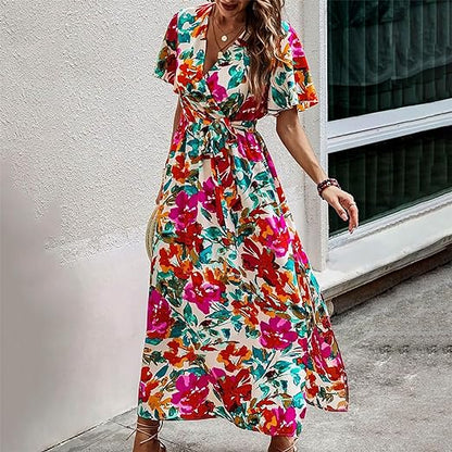 Women's Tropical Print Belted Dress – High Waist, Flowing Fit