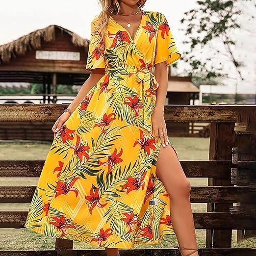 Tropical Print Flowing Belted Dress
