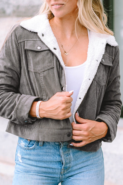 Women's Corduroy Jacket - Cropped Fit - Faux Shearling Collar - Button Closure