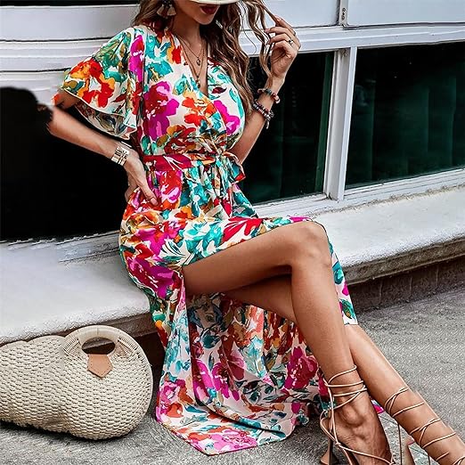Women's Tropical Print Belted Dress – High Waist, Flowing Fit