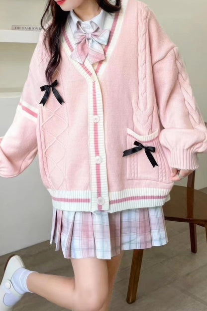 Women’s Cardigan – Relaxed Fit – Soft Knit – Cable Knit – Button Front – Bows